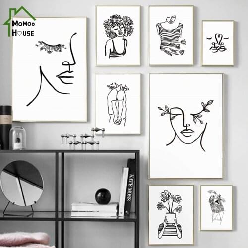 Black and White Figure Plant Canvas Painting Abstract Woman Lines Poster and Prints Wall Art Picture for Living Room Home Decor
