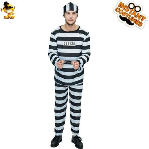 Adult Striped Prisoner Costume for Mens with Hat Prison Suit Uniform Cosplay Clothes for Party Halloween