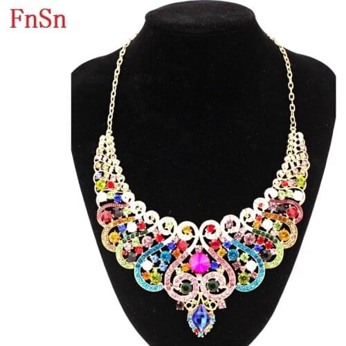 FnSn New Hot Chokers Colorful Crystal Statement Necklace Jewelry Women Collar Hook Gold High Quality Gift jewelry Parure N155