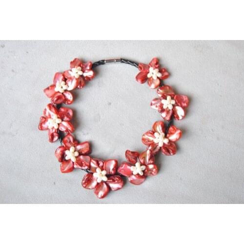 Red MOP Shell & White Cultured Pearl Nine flowers statement Bib Necklace