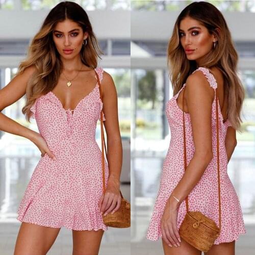 Sweet Cute Floral Mini Y2k Dresses Women 2021 Summer Sexy Slim V Neck Ruffled Sundresses Party Club Stap Dress Beach Wear