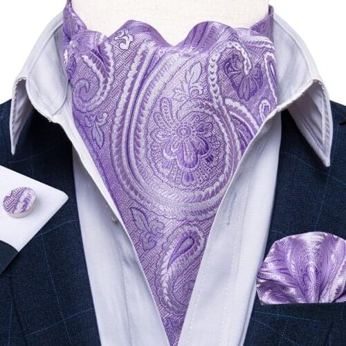 Men Vintage Purple Floral Paisley Wedding Formal Cravat Ascot Scrunch British Silk Necktie Pocket Square Cufflinks Set DiBanGu