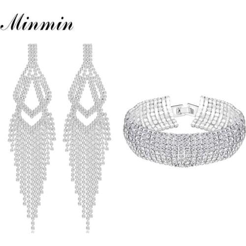 Minmin Geometric Big Tassel Wedding Earrings Bracelet Set for Women Luxury Bridal Silver Color Crystal Jewelry Set EH1638+SL341