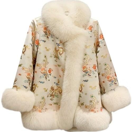 2020 new Chinese style fur coat women cloak palace ladies satin mid-length fox fur Tang suit coat women