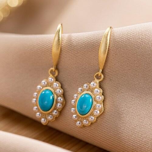 VINTAGE 925 STERLING SILVER NATURAL STONE TURQUOISE AND PEARL HORSE EYES SHAPE DANGLE EARRINGS GOLD-PLATED FINE JEWELRY WOMEN