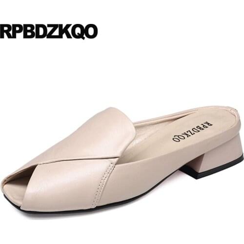 Thick Peep Toe Slippers Genuine Leather Women Sandals 2021 Summer Block Comfortable White Holiday Chunky Slides Mules Square
