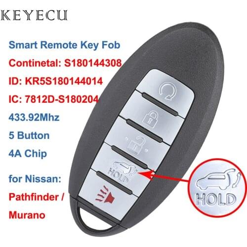 Keyecu S180144308 Smart Car Remote Key Fob 5 Buttons 433.92MHz for Nissan Pathfinder 2014-2018 Murano 2015-2018, KR5S180144014