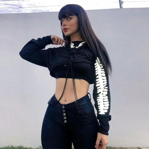 Hoodie Sexy Street Hot Girl Style Reflective Bone Printed Chain Hooded Blouse Causal Back To Basics Women Clothes