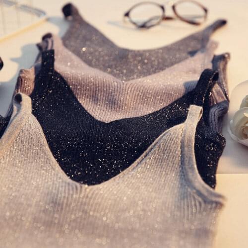 New Summer Knitted Tops Women Crop Tank Tops Sexy Gold Thread Vest Camisole Off Shoulder Strap White Fitness Femme