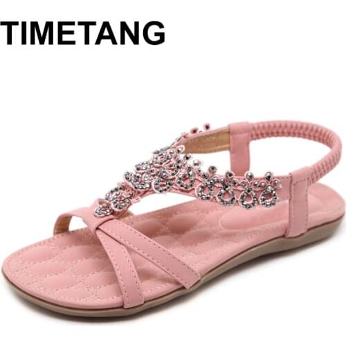 TIMETANG 2021New Summer Ladies Shoes Flower Crystal Flat Sandals Women Big Size sandalias mujer Bohemia Women Shoes 35-42