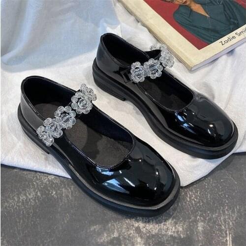 Fashion Rhinestone Luxury Designer Mary Jane Shoes Women Goth Harajuku Platform Leather Flats 2021 Retro Round Toe Black Loafers