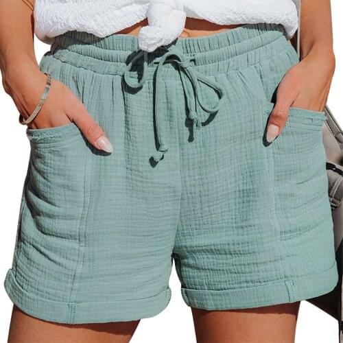 Womens Linen Plus Size Shorts Hot Summer Solid Color Casual Shorts Fashion Loose Pockets Drawstring Female Short Pants