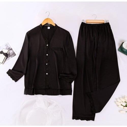 Lady Casual 2PCS Pajamas Suit Lace Trim Home Clothes Sexy V-Neck Shirt&Pant Pyjama Short Front And Long Back Solid Sleepwear
