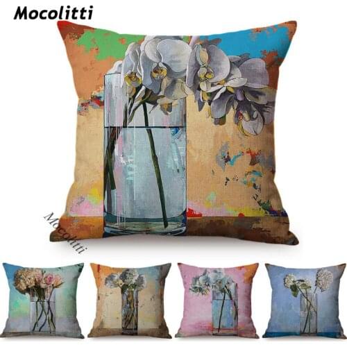 2021 Luxury 3D Flowers Oil Painting Art Home Decor Cushion Cover Vase Bouquet Pattern Office Sofa Decorative Pillow Case Cojines