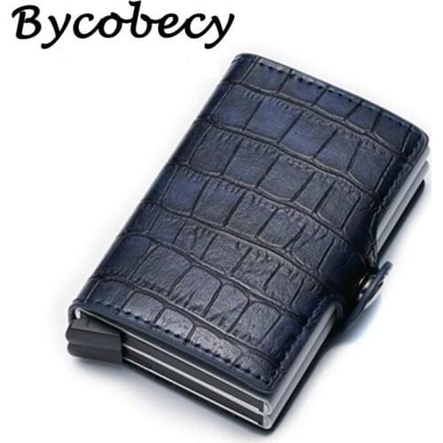 Bycobecyo 2019 PU Leather Credit Card Holder New Metal Aluminium Double Box Men and Women Metal RFID Vintage Travel Card Wallet