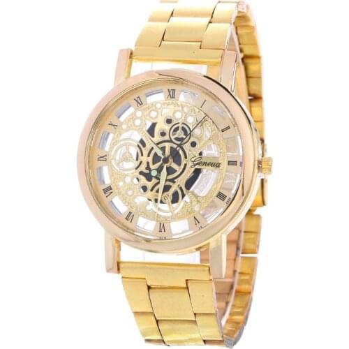 Brand luxury Fashion Casual Men Watch Gold Wristwatch Classic Style Mesh Belt Quartz Watches Engraving Hollow Design Women Watch