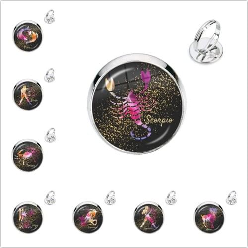 Handmade Esoteric 12 Constellations Silver Color Ring Fashion Glass Cabochon Zodiac Signs Jewelry For Men Women Birthday Gifts