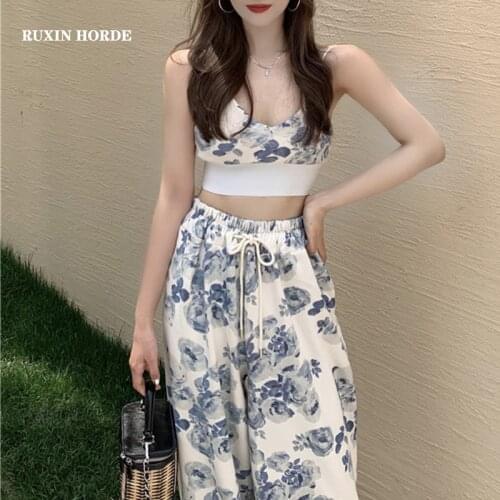 Two Piece Sets Sexy Belt Vest Tops Flower Printed Tie Dye Condole Straight Beam Foot Trousers Joker Leisure Pants Suits Women