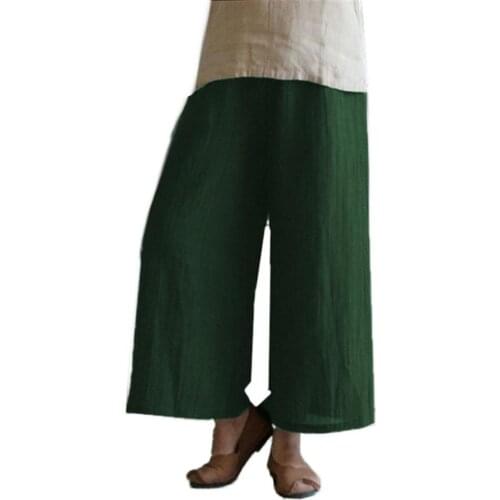 50%HOTVintage Solid Color Cotton Linen Plus Size Women Wide Leg Pants Baggy Trousers