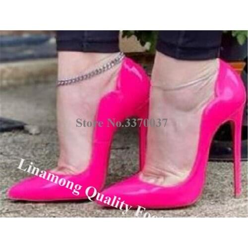 Linamong Brand Pointed Toe Patent Leather Back Petal Stiletto Heel Pumps Bright Rose Pink Red Gradient 12cm High Heels Big Size
