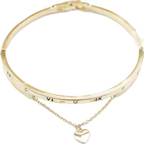MADALENA SARARA Fashion Girls Bangle Copper Roma Numer With Heart Pendant Bracelet Rose Gold Silver Optional