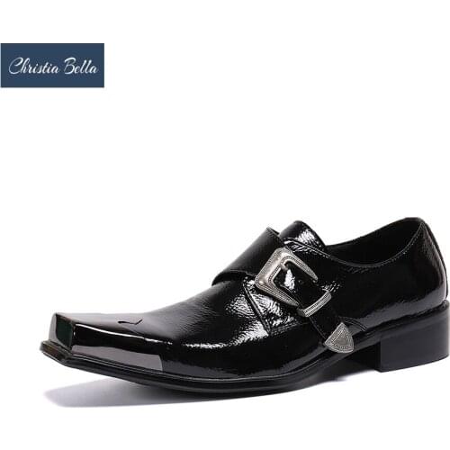 Christia Bella Fashion Formal Men Oxford Shoes Genuine Leather Buckle Brogue Shoes Square Toe Wedding Party Dress Shoes Male