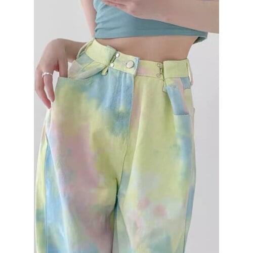 2021 New Hip-Hop Parkour Color Tie-Dye Pants Summer Loose High-Waisted Slim Pants All-Match Cool Low-Waist Straight-Leg Pants