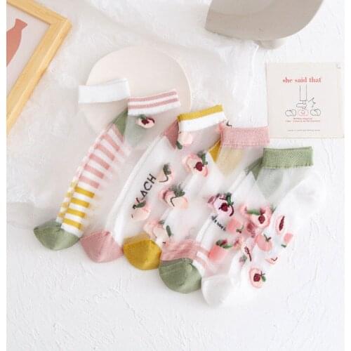 Transparent Socks Women Strawberry Lace Short Socks Set Cute Kawaii Cartoons Peach Japanese Style Nylon Fun Socks 1 Pair