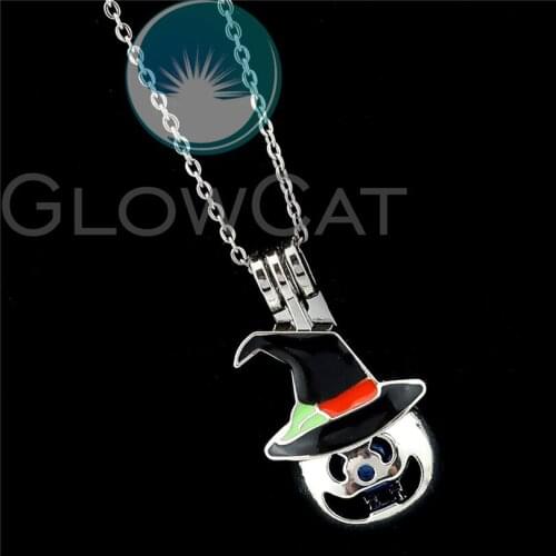 R-K997 Black Enamel Witch Hat Beads Cage Pendant Essential Oil Diffuser Aroma Pearl Cage Locket Necklace