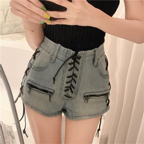 High Waist Bandage Women Summer Denim Shorts Korean Distressed Zipper Pocket Female Short Slim Pant Girls Hot Sale Streetwear