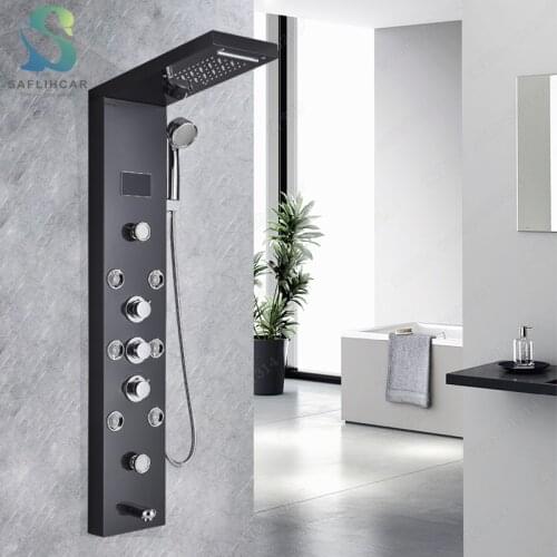 LED Black Bathroom Shower Panel Digital Screen and Multi-mode Hot Cold Water Mixer Shower column Wall-mounted Faucet System
