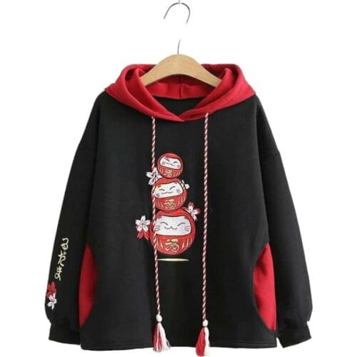 Black Fleece Hooded Sweatshirt Harajuku Chinese Embroidery Oversize Pullover Hoodies Women 2021 Winter Sweet Style Female Top