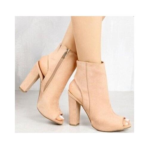 SZSGCN428 New Ankle Boots Faux Suede Leather Casual Open Peep Toe High Heels Zipper Fashion Square Rubber Black Shoes For Women