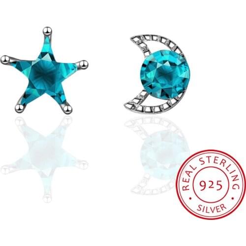 Blue crystal Stars moon cz earrings 925 Sterling Shape Earring Stud For Women jewelry Delicate Dainty Minimalist Simple Cute