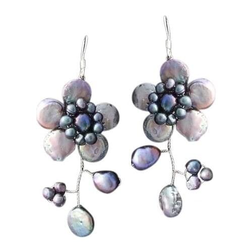 New Arrival Favorite Flower Pearl Earring Black Coin Genuine Freshwater Pearls S925 Silver Dangle Earrings Women Jewelry