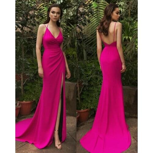Sexy Deep V-Neck Satin Long Mermaid Evening Dresses with Slit Rose Red Floor Length Zipper Back Formal Party Dresses for Women