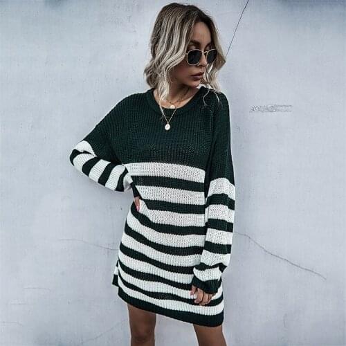 Black White Striped Goth Women Long Sweater 2020 Autumn Lady O Neck Thin Pullover Contast Color Sweaters Hipster Knitted Dress