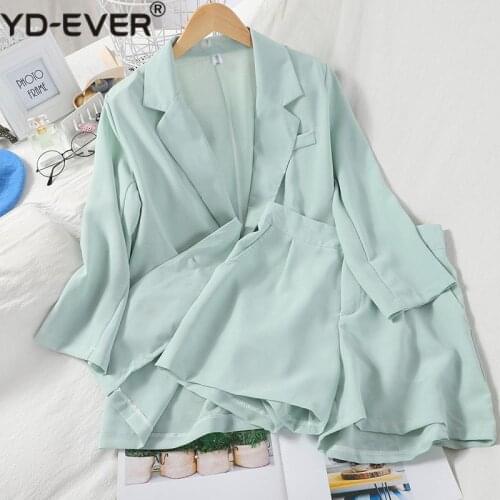 Fashion wild pocket solid color suit sunscreen jacket + high waist was thin and simple wide leg shorts two-piece suit female