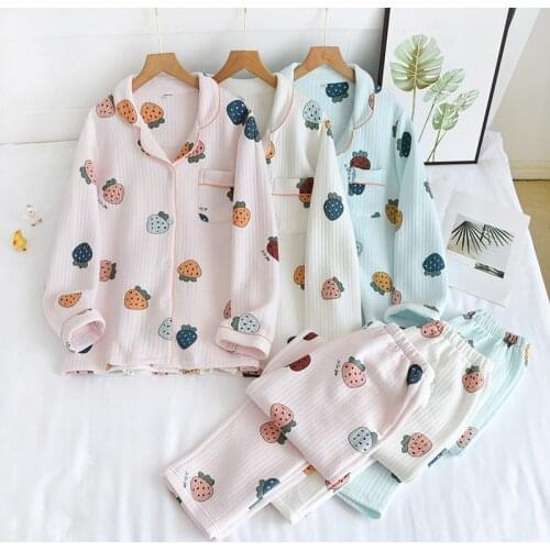 Autumn Leisure Cute Printed Women Pajamas Set 100% Cotton Cardigan Turn-Down Collar Long Sleeve Trousers Home Wear Nightwear