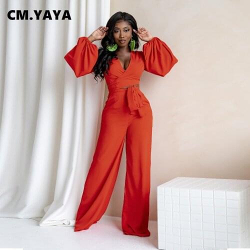 CM.YAYA Women Tracksuit Solid Badnage Crop Tops + Wide Leg Pants Two 2 Piece Sets Fashion Casual Pants Set Elegant Outfit Autumn