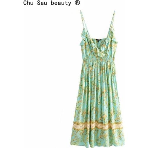 New Bohemian Maxi Dress Women Summer Sleevless Ruffle Elegant Midi Dresses Print V Neck Sexy Boho Straps Dress For Woman