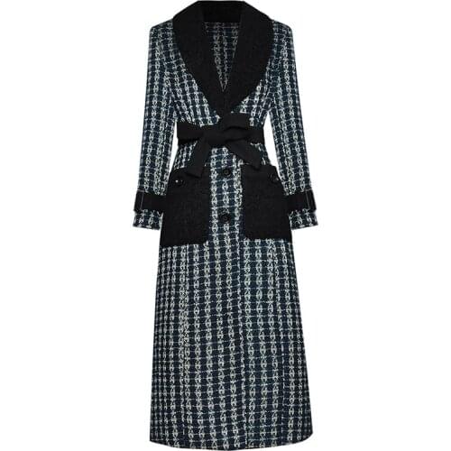 QUALITY Newest HIGH Fall Winter 2021 Designer Coat Womens Color Block Belted Tweed Long Overcoat