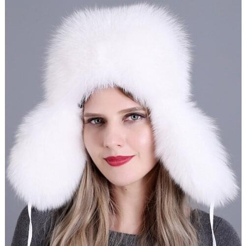 Winter Women Hat Pompom Beanie Genuine Fox Fur Skullie Russian Winter Woman Caps Cotton Bomber for Ladys