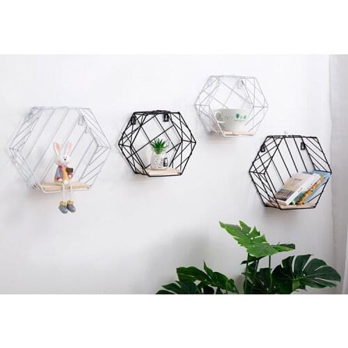 1PC Nordic Metal Grid Wall Hanging Shelf Rack Goods Convenient Storage Rack Holder Geometric Hexagon Figure Wall Decor JL 205