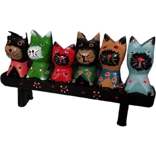 Hand-painted Wood Carving 6 Pcs Cat/set Mini Cute Cat on Bench Stool Doll Minifigure Wooden Miniature Anime Figure
