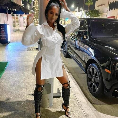 Button Split White Long Sleeve Shirt Dress Women Clothes Fashion Sexy Mini Dresses Clubwear