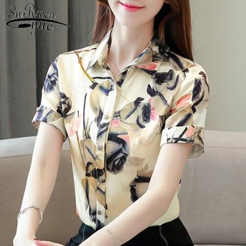 2021 Plus Size Short Sleeve Fashion Print Ladies Tops Silk Blouse Elegant Women Clothing Blouse Blusas Mujer De Moda 5072 50