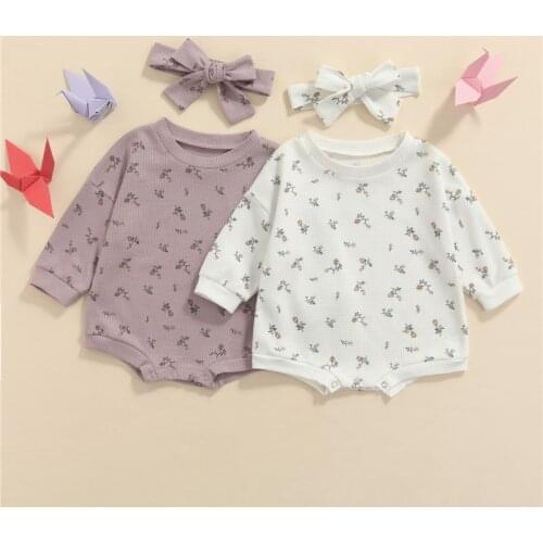 Lovely Newborn Baby Girls Rompers Autumn Princess Girls Knitted Floral Print Loose Romper Jumpsuits Headband Casual Soft Outfits