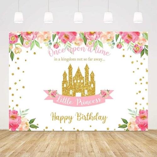 Happy birthday floral background little princess 1st birthday party decoration pink rose flowers gold castle photo backgrounds