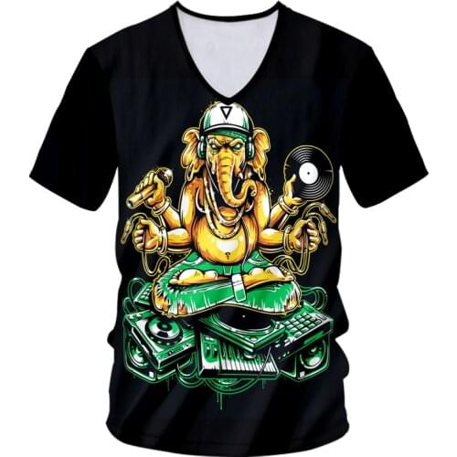 IFPD EU Size Ganesha T Shirts Mens Short Sleeve 3D V-neck T-shirt Print Elephant God And Music Summer Casual Plus Size 6XL Tops